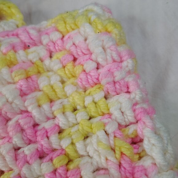 Hand Crochet Bag Pink Yellow White Vintage Double Strap Grandmacore Handbag 14" - Picture 16 of 16